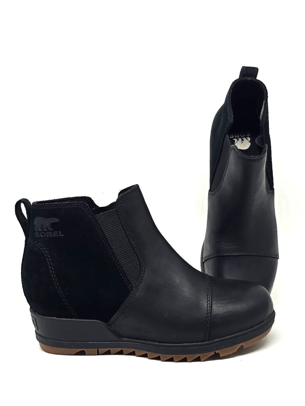 SOREL Evie Black Leather Suede Waterproof Pull-on Wedge Ankle Booties Women's 6